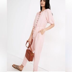 Madewell Linen Blend Pink Jumpsuit Button Front Puff Sleeve, Small